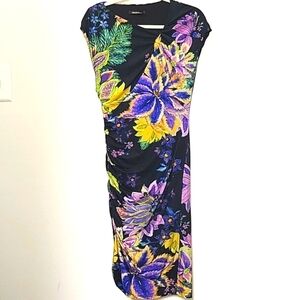 Roberto Cavalli Purple Floral Print Gathered Sheath Dress Size Medium